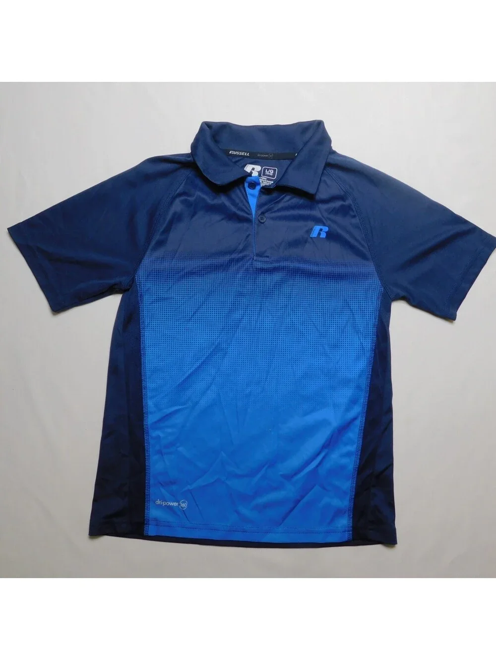 Russell Boys L 10-12 Polo Shirt Dri-Power 360 Blue Sapphire Short Sleeve Golf